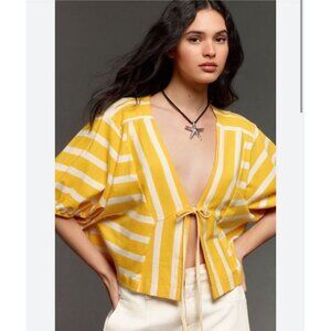 Anthropologie Voluminous Tie-Front Yellow Stripe Short Sleeve Top Size Small